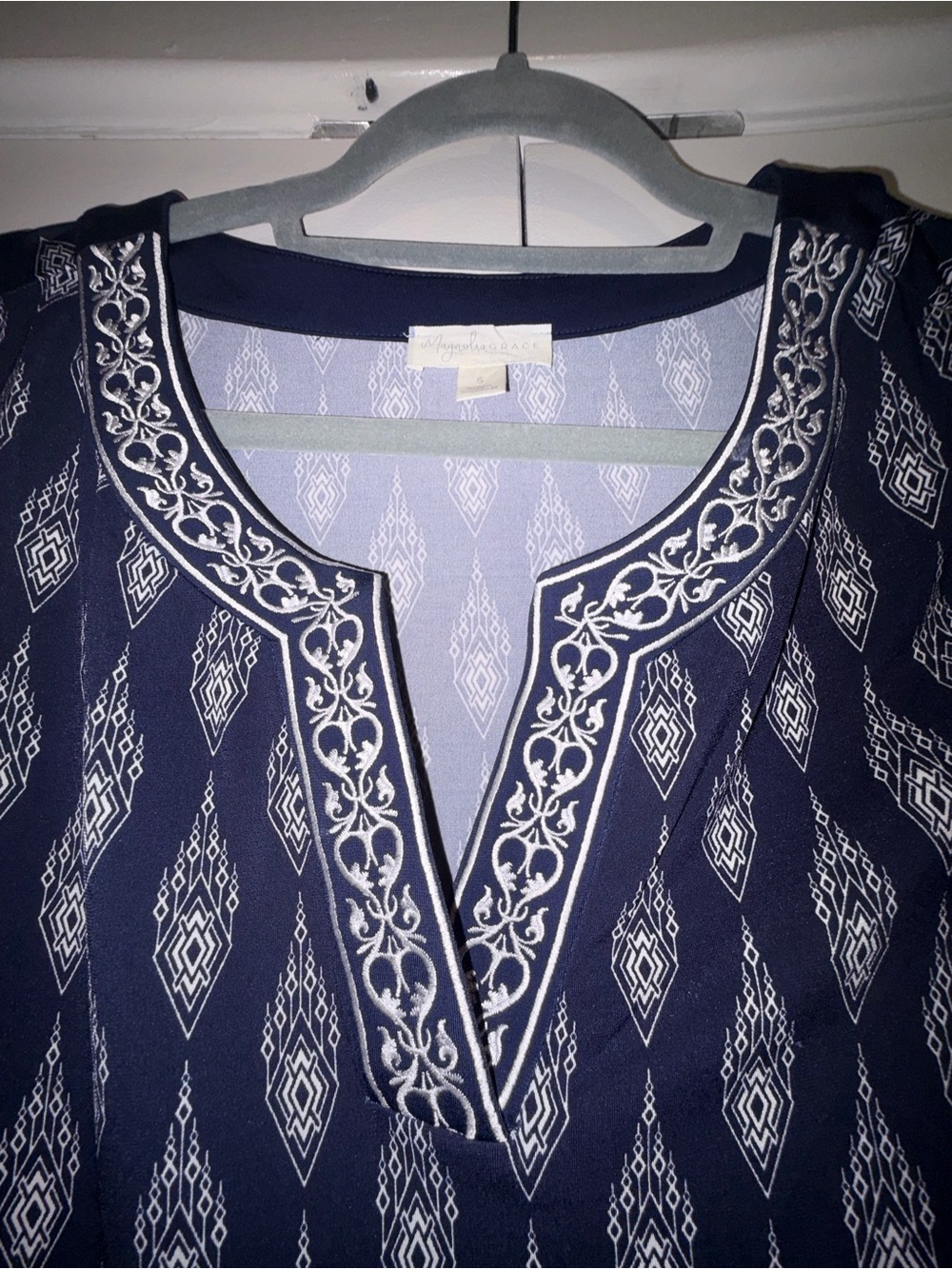 Magnolia Grace Navy Boho Print Embroidered Shift Dress Size S - Picture 2 of 6